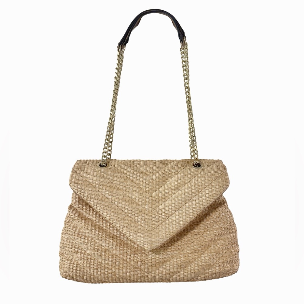 Straw Raffia Cream Tan Chevron Flap Shoulder Crossbody Bag